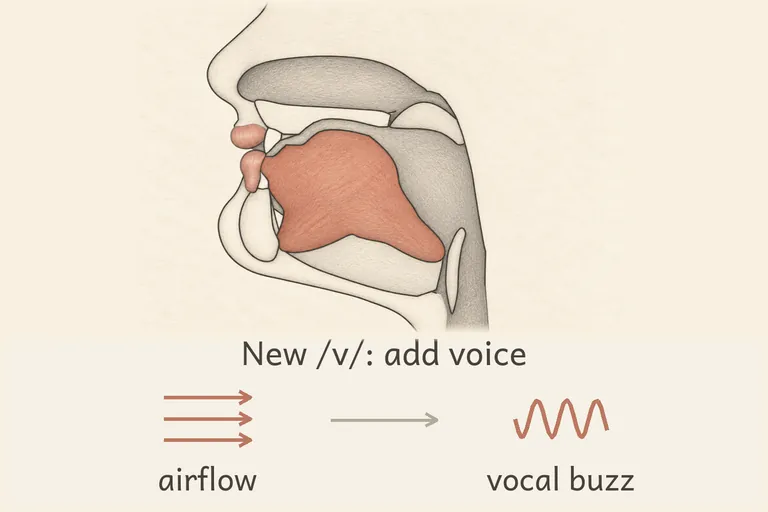Identical lip-teeth position, but the vocal folds now vibrate, adding a buzz.