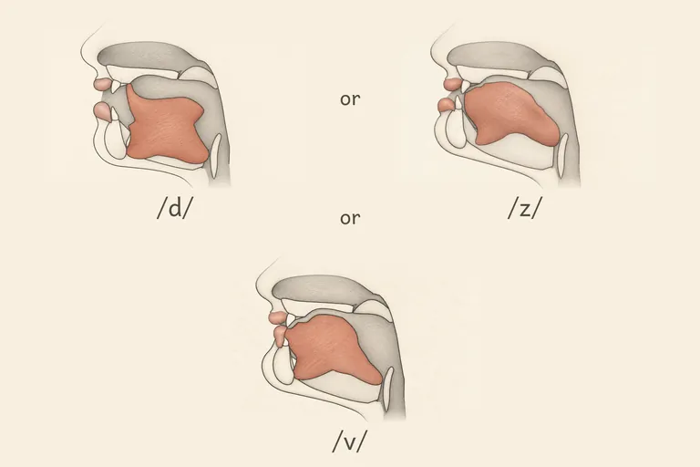 Tongue tip stays behind the teeth, forming a full stop (d) or fricative further back (z, v), with the voice buzzing but no protrusion.