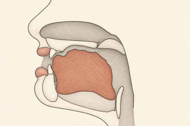Tongue high, tense, near the roof of the mouth, as if starting to say 'ee'.