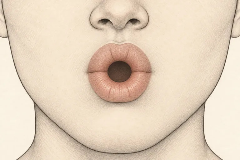 Lips visibly rounded and pushed slightly forward, tongue pulled back.