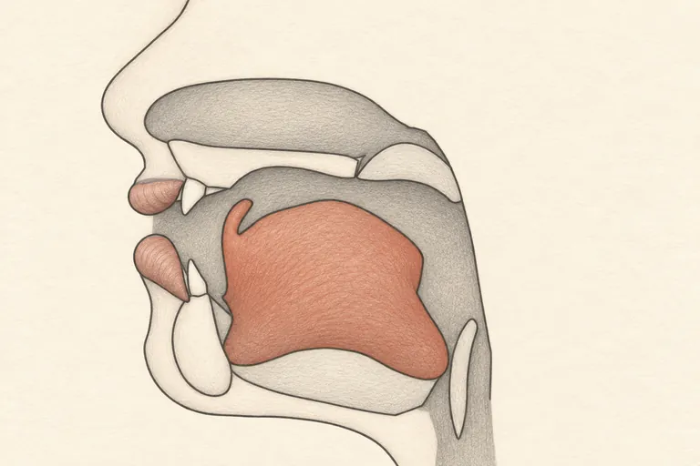 Jaw slightly lowered, lips loosely spread, tongue tip bunched and curled upward and backward without touching the roof of the mouth, as in producing 'r'.