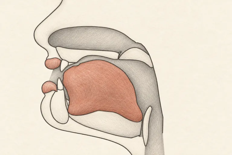 Slowly let the tongue body sink and the muscles go slack, jaw easing open.