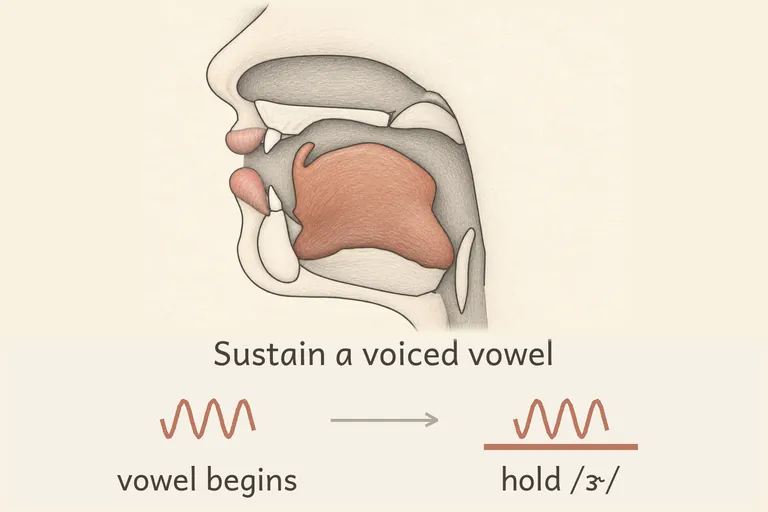 Same held posture, now voiced and stretched into a long 'errrr' sound with no consonant closure.