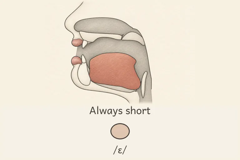 ɛ held at a constant short duration no matter what consonant follows, tongue steady mid-low front.