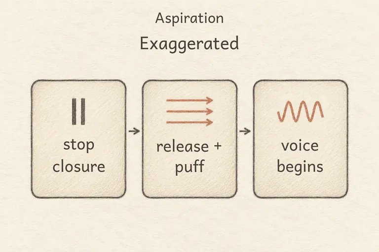 A strong, almost 'h'-like puff of air clearly audible after the consonant release.