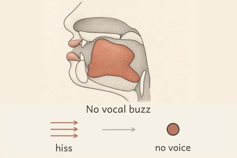 Same bunched tongue and rounded lips as ʃ, but with the voicing dropped in word-final loanword positions.