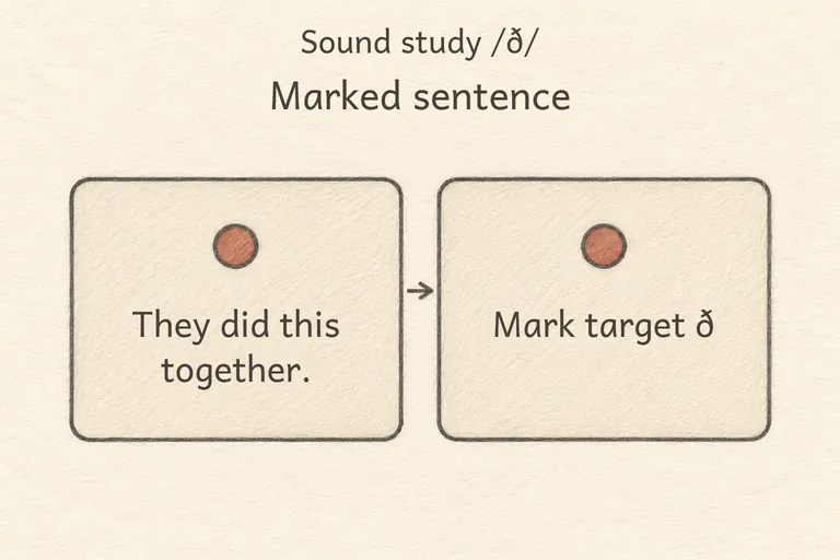 A practice sentence with every ð word underlined and a small vibration icon marking the buzz cue.