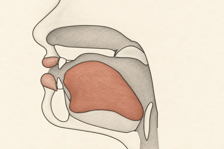 Tongue tip rises and curls back, or the mid-tongue bunches, moving slowly toward the target.