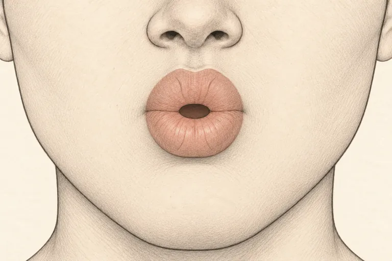 Both lips pushed into a tight round, protruded shape, with the lower lip clearly away from the upper teeth.