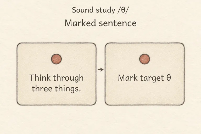 A practice sentence with every θ word underlined and its tongue-protrusion cue marked with a small tooth icon.