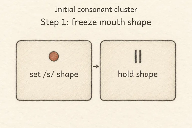 Lips and jaw set directly into the 's' position, completely closed off from any vowel opening.
