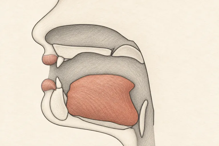 Same mid-low tongue height, but tongue eases back very slightly toward the center of the mouth, lips staying neutral and relaxed.