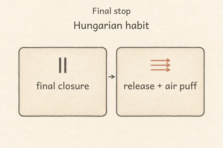 Tongue or lips making full contact then clearly releasing with an audible burst of air at the end of a word.