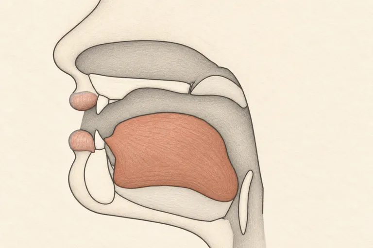 Slowly let the jaw and tongue return toward a neutral, mid-central resting position, in slow motion.