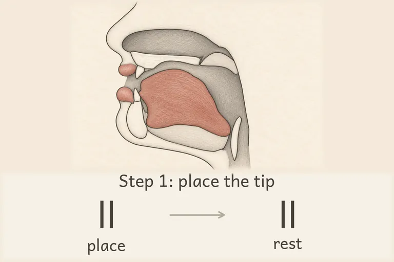 Tongue tip rests lightly on the alveolar ridge, not touching the teeth.