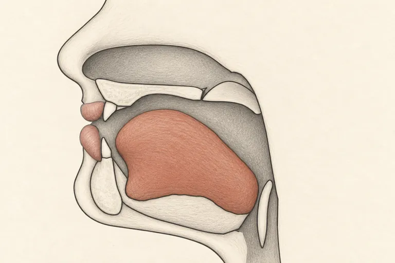 Mouth slightly open, tongue body pulled back and bunched upward, as in a playful animal growl.