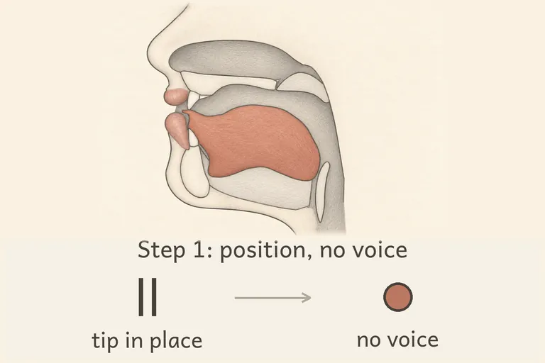 Tongue tip protrudes between the teeth, no voicing yet.