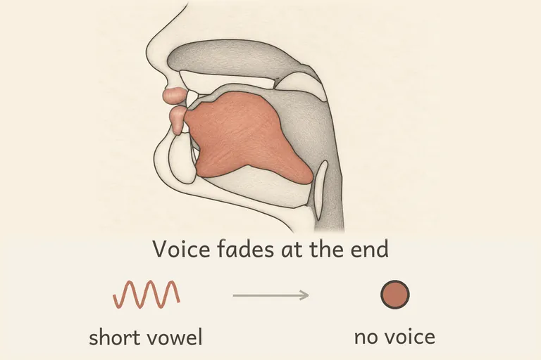 Lower lip touches the upper teeth and air passes through with no voicing at the very end of the word, vowel before it kept short.