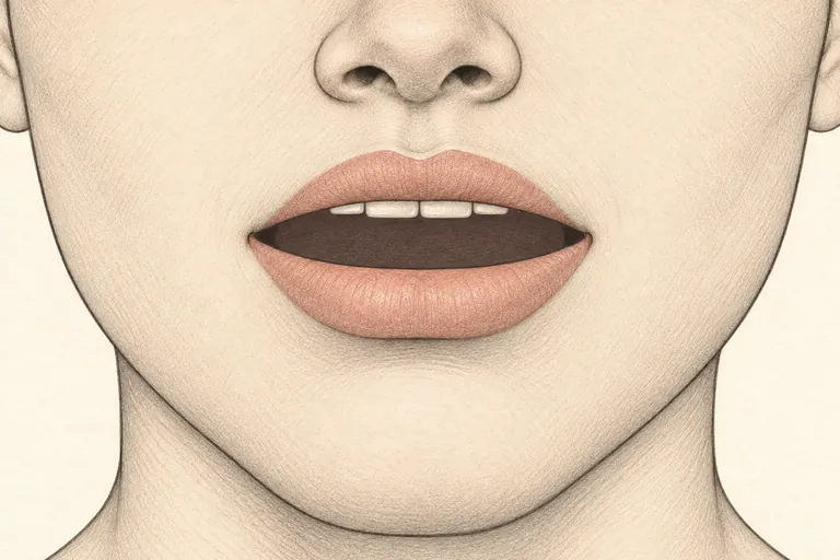 Lips completely relaxed and unrounded, tongue resting in the center of the mouth.
