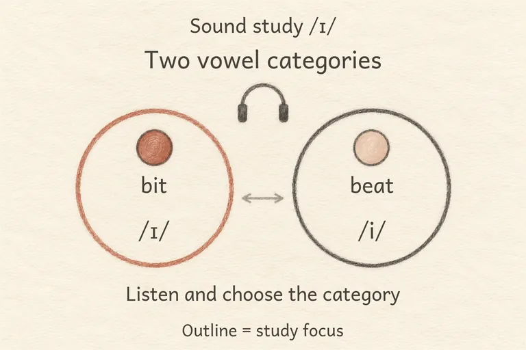 Two labeled circles, one for the vowel in 'bit' and one for the vowel in 'beat', with an arrow marking the boundary learners must sharpen.