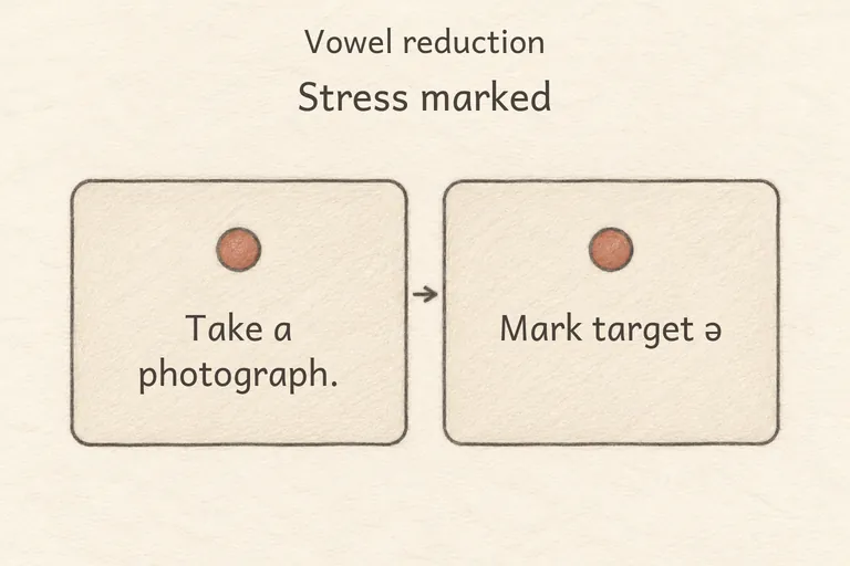 A practice sentence shown with stressed syllables in bold capital letters and unstressed syllables shown smaller and shaded gray.