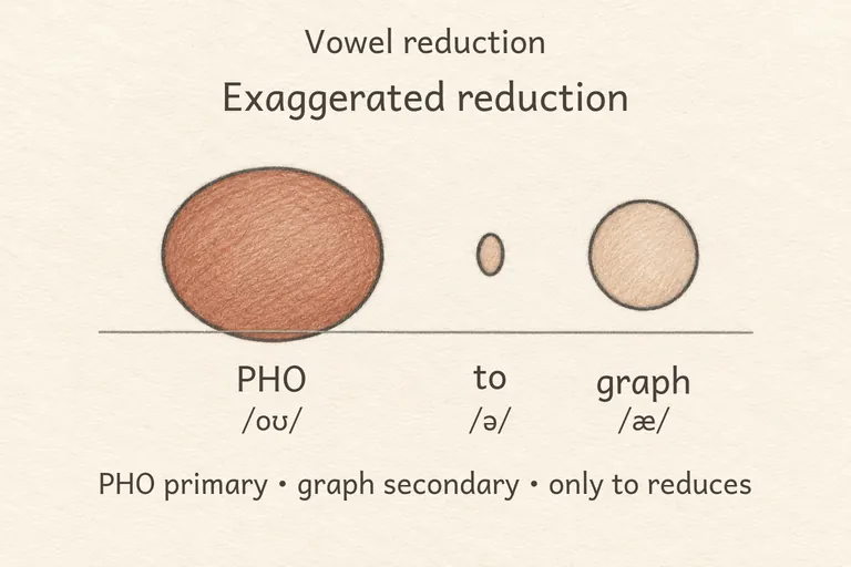Unstressed vowels shrunk almost to a whisper, drawn as tiny faint shapes; the stressed vowel shown huge and bold.