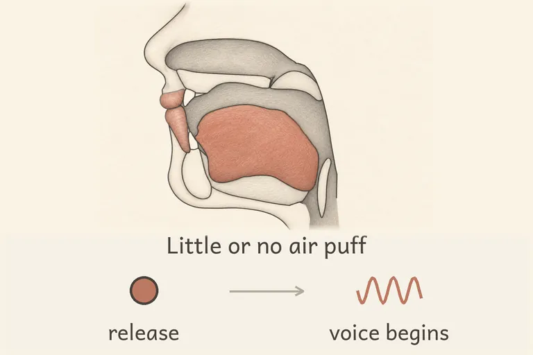 Lips press together and release with only a brief, minimal puff of air in every position.