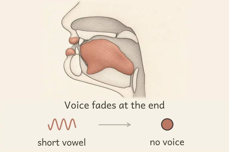 Same tongue groove as s, but with no voicing left at the very end of the word and the vowel before it kept short.