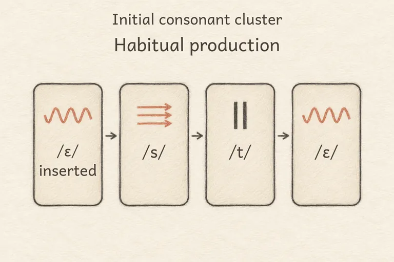 Mouth opens for a brief vowel before closing into the s-consonant sequence.