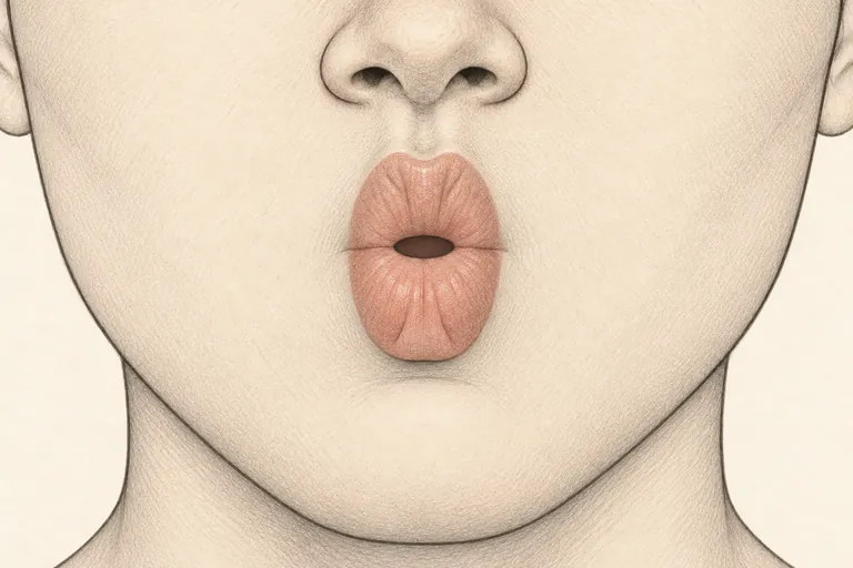 Lips held in an extreme, cartoonish round pucker for a full two seconds before releasing into the vowel.