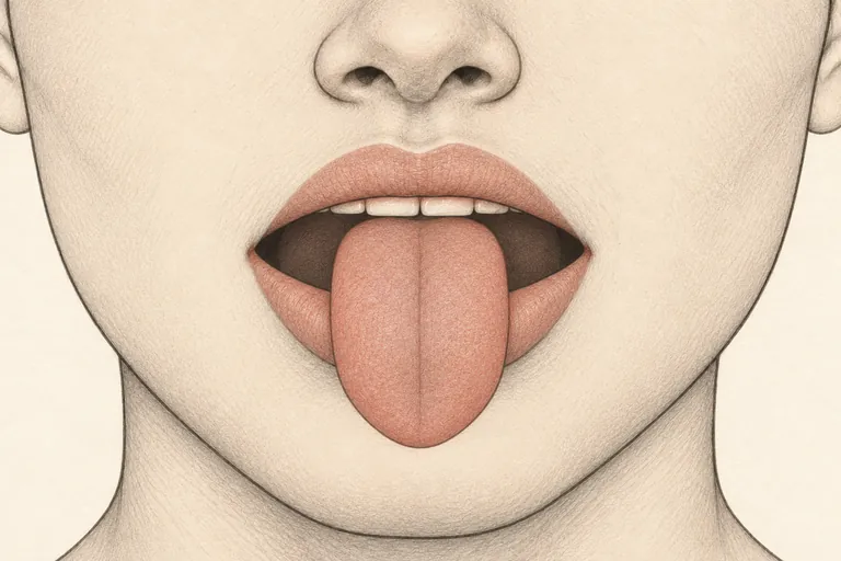Tongue pushed far out past the teeth, held for a long hiss.