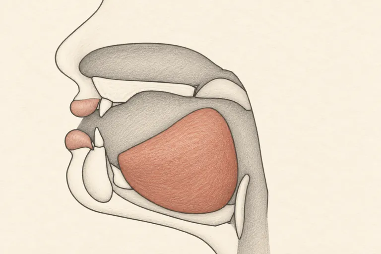 Lips lightly rounded, tongue returns to its natural relaxed-but-not-extreme position.