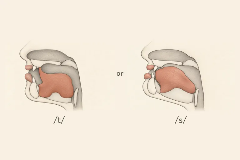 Tongue tip stays behind the teeth, making a full stop (t) or a narrow groove further back (s), never protruding between the teeth.