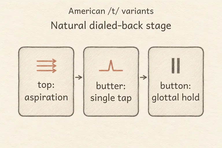 The same three contrasts at normal conversational speed: a brief puff, a fast light tap, and a quick glottal stop before the nasal release.