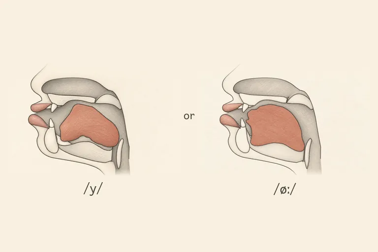 Lips pushed forward and rounded like a whistling shape, tongue tip low near the lower teeth while the tongue body arches high and forward.