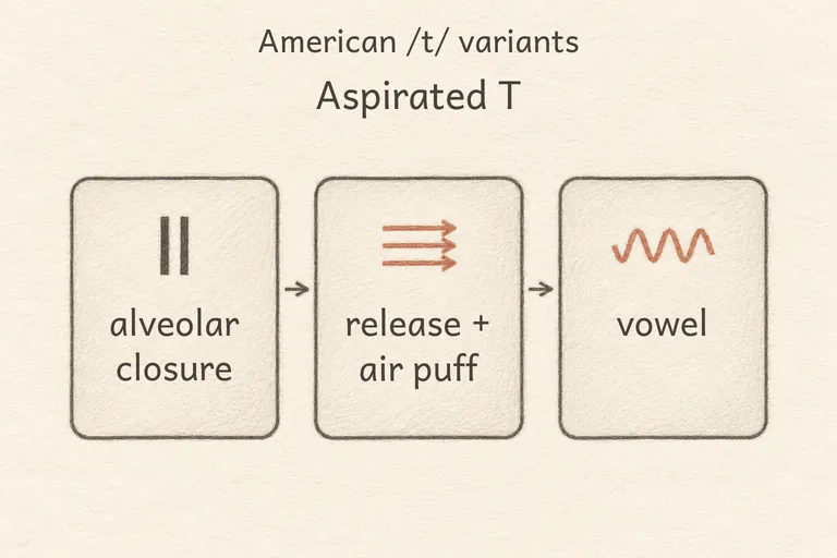 Tongue tip meets the alveolar ridge, full stop, strong burst of air released right as the vowel begins.