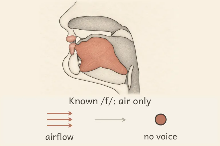 Lower lip against upper teeth, voiceless airflow, as in Spanish 'fácil'.