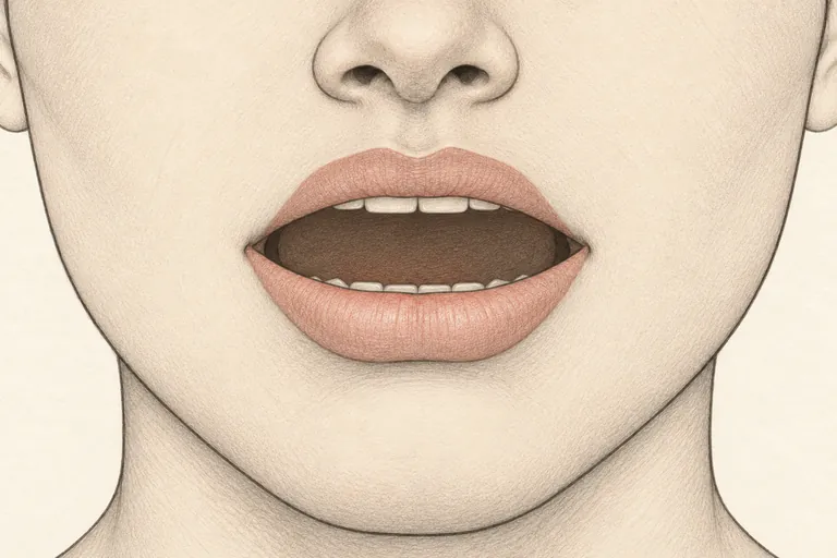 Mouth shapes a clear, full vowel with normal jaw and lip movement on the stressed syllable.